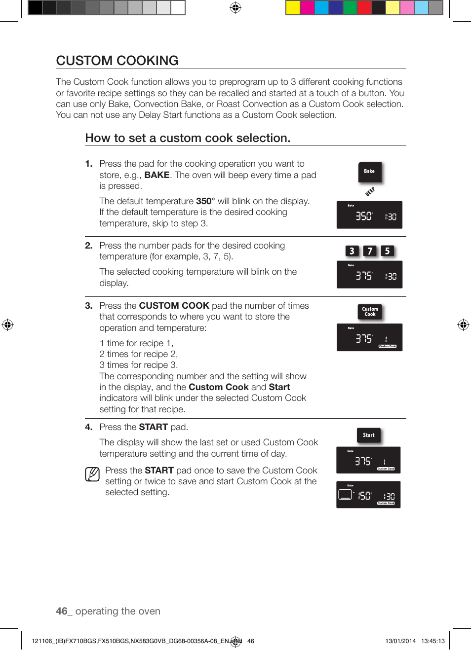 Custom cooking, How to set a custom cook selection | Samsung FX510BGS-XAA User Manual | Page 46 / 80