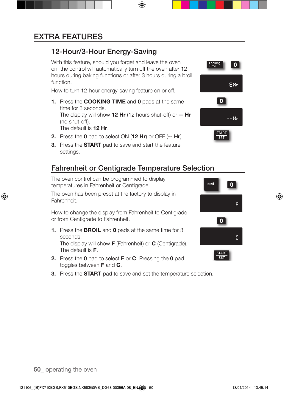 Extra features, Hour/3-hour energy-saving, Fahrenheit or centigrade temperature selection | Samsung FX510BGS-XAA User Manual | Page 50 / 80