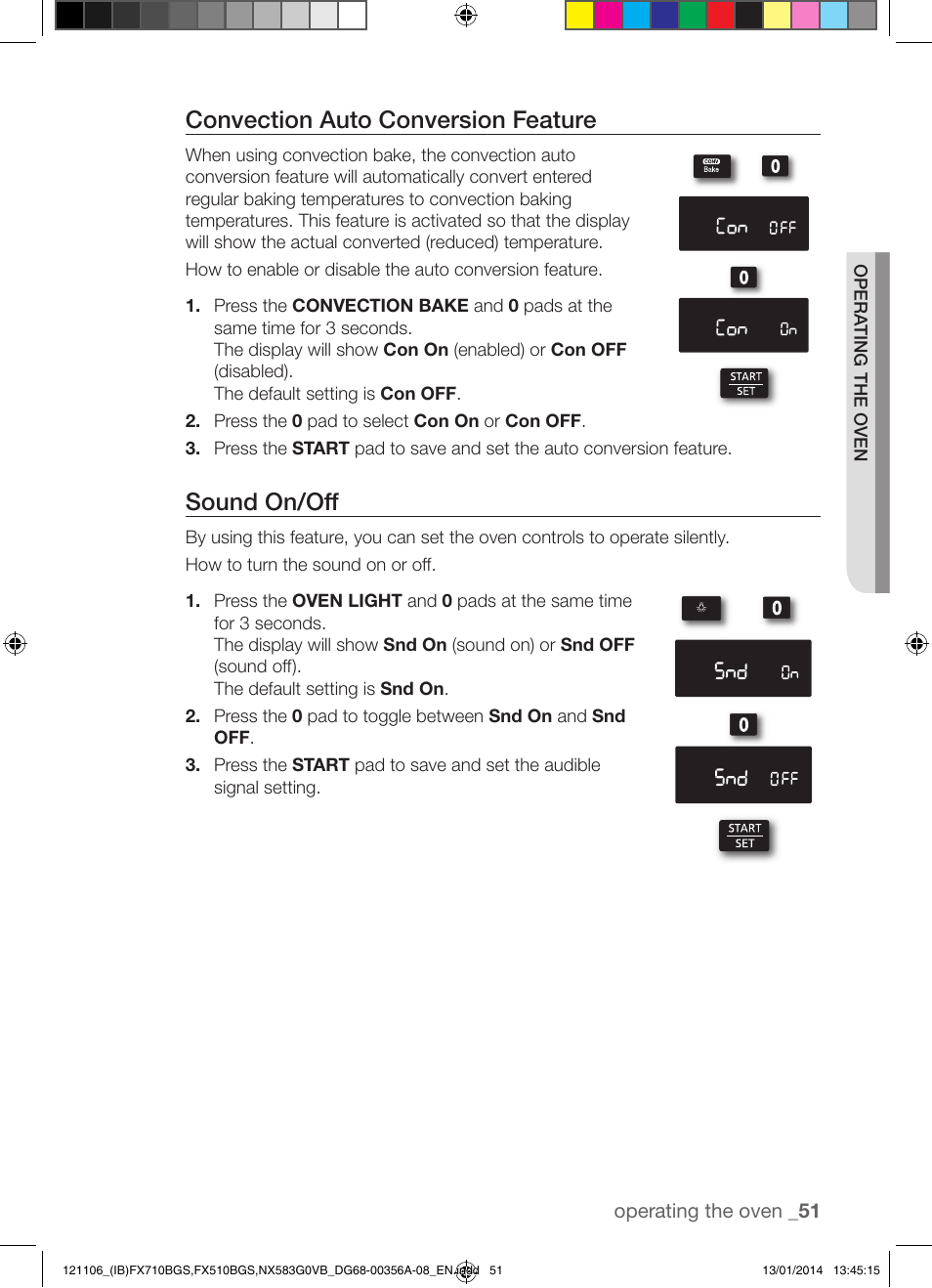 Convection auto conversion feature, Sound on/off | Samsung FX510BGS-XAA User Manual | Page 51 / 80