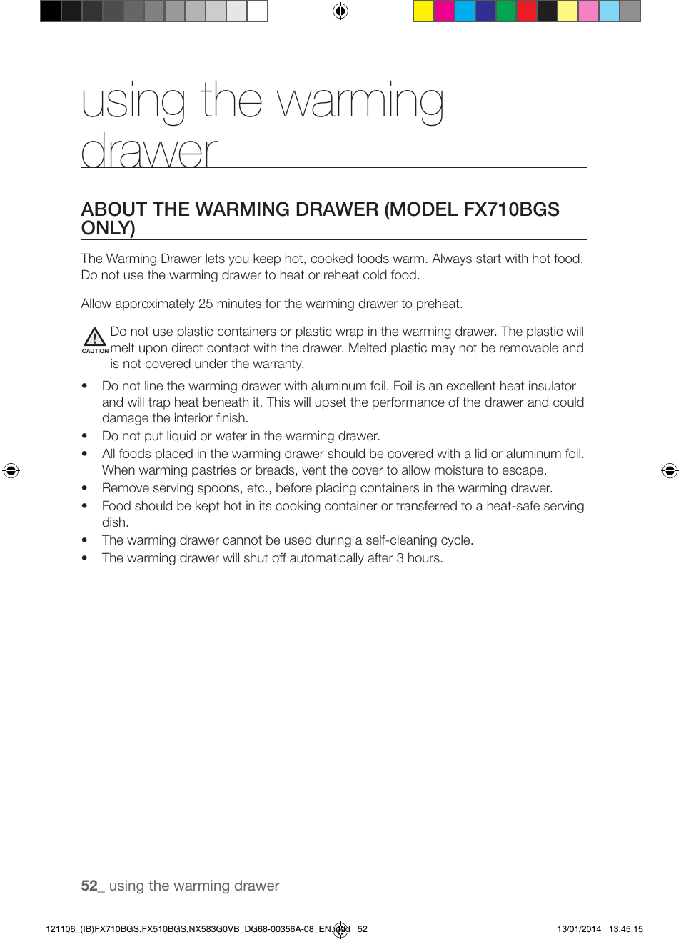 Using the warming drawer, About the warming drawer (model fx710bgs only) | Samsung FX510BGS-XAA User Manual | Page 52 / 80