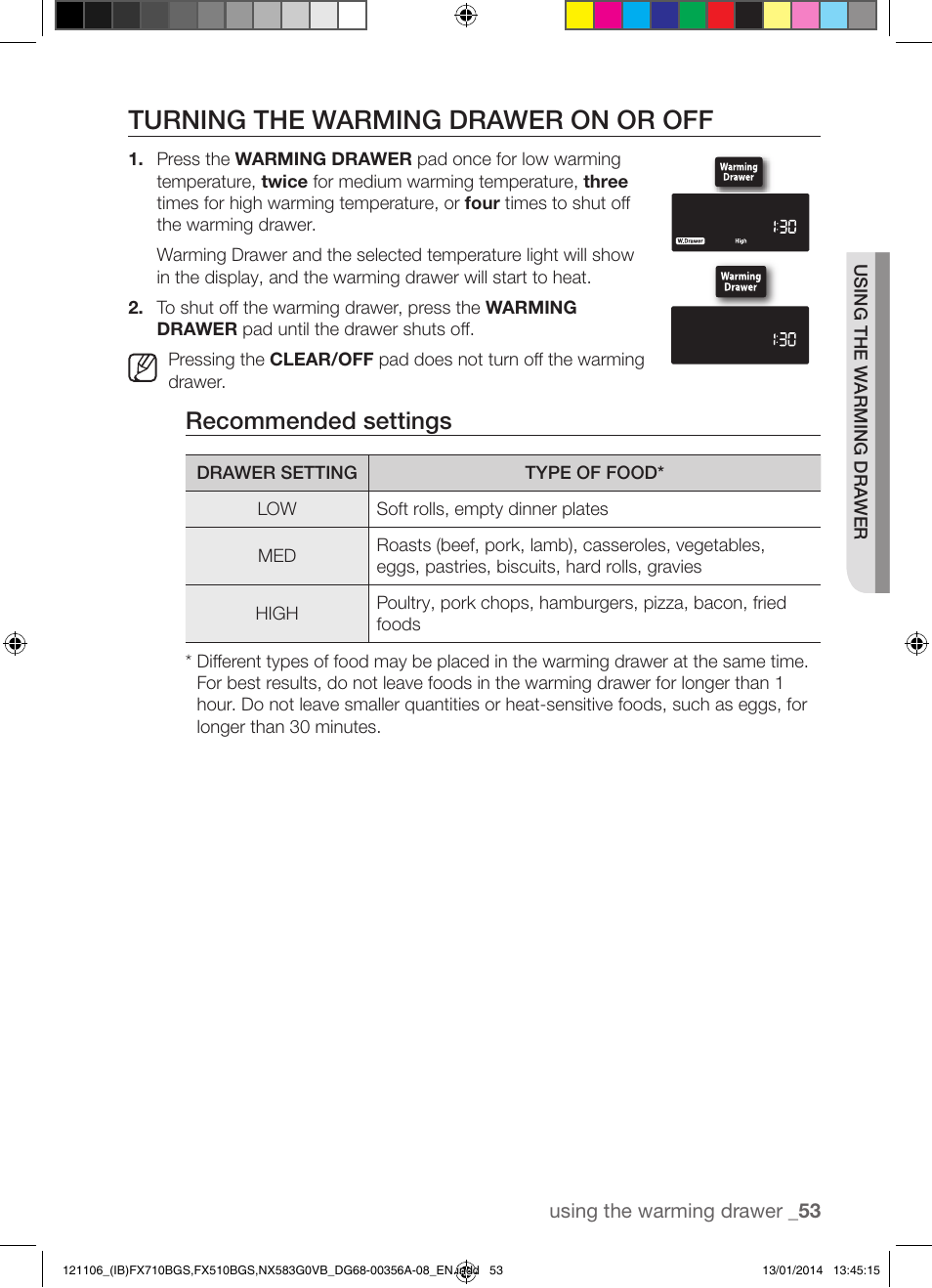 Turning the warming drawer on or off, Recommended settings | Samsung FX510BGS-XAA User Manual | Page 53 / 80