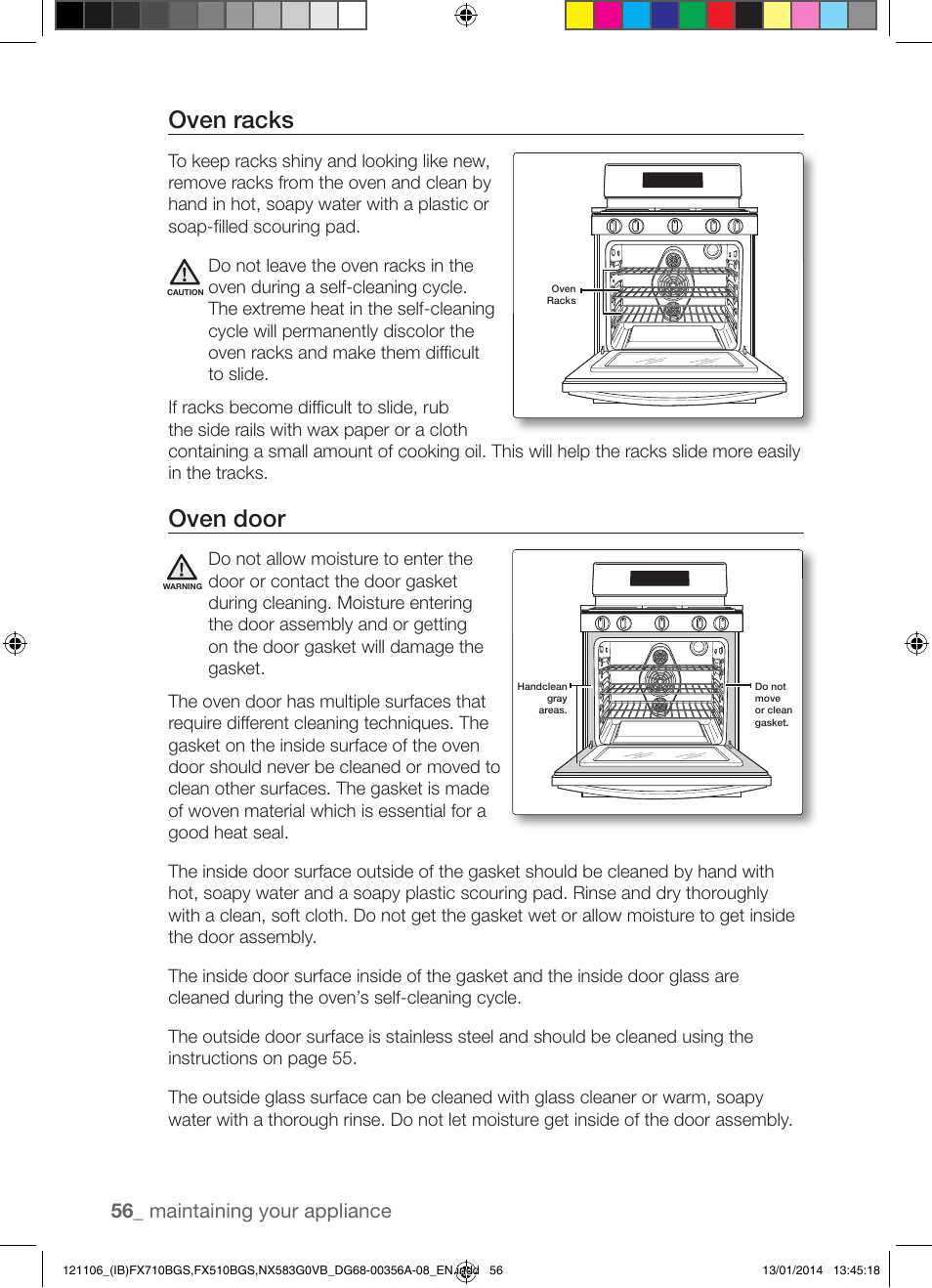 Oven racks, Oven door, 56 _ maintaining your appliance | Samsung FX510BGS-XAA User Manual | Page 56 / 80