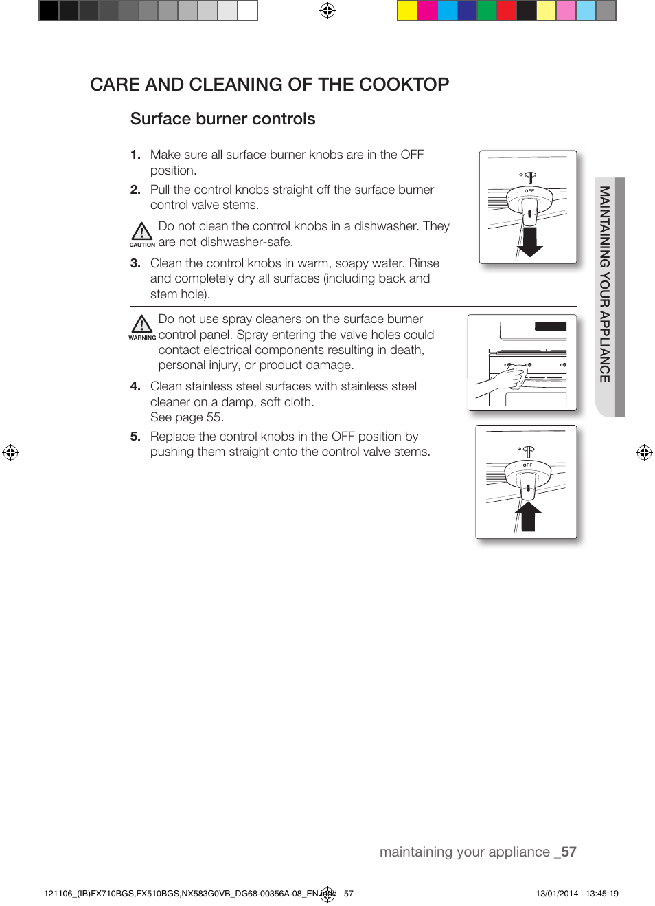 Care and cleaning of the cooktop, Surface burner controls | Samsung FX510BGS-XAA User Manual | Page 57 / 80
