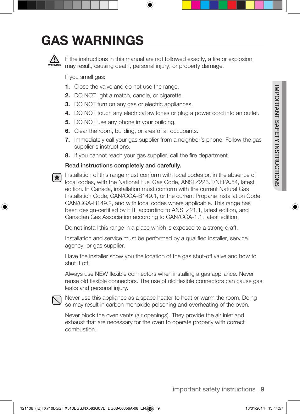 Gas warnings | Samsung FX510BGS-XAA User Manual | Page 9 / 80