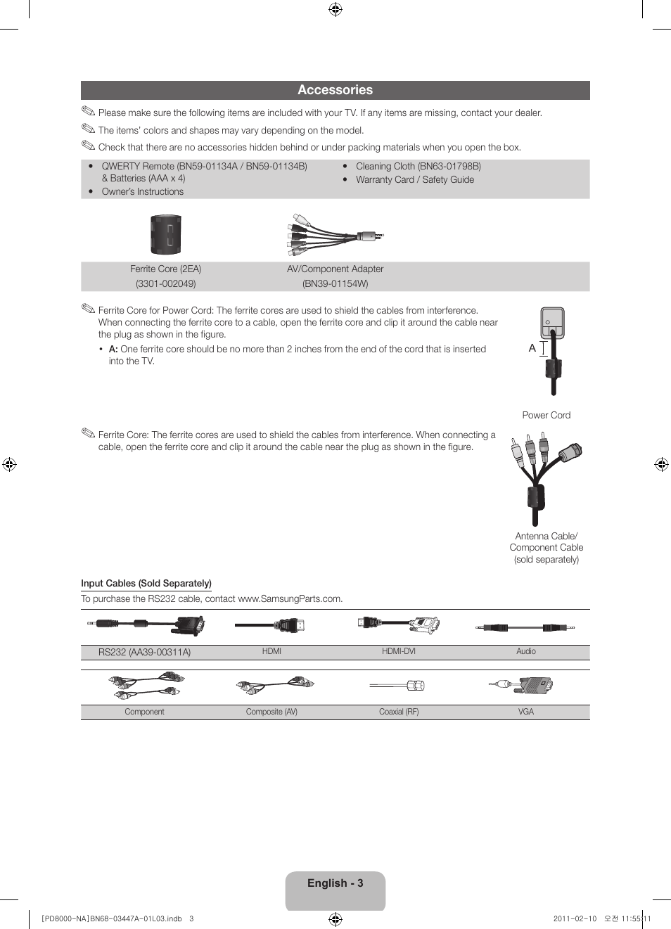 Accessories | Samsung PN51D8000FFXZA User Manual | Page 3 / 74