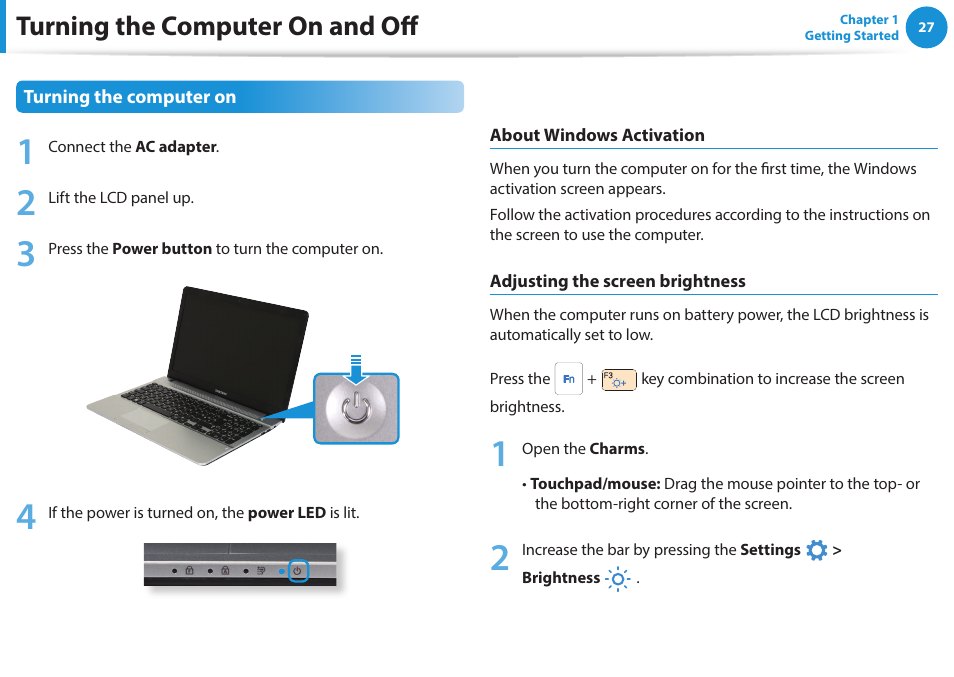 Turning the computer on and off | Samsung NP270E5E-K03US User Manual | Page 28 / 133