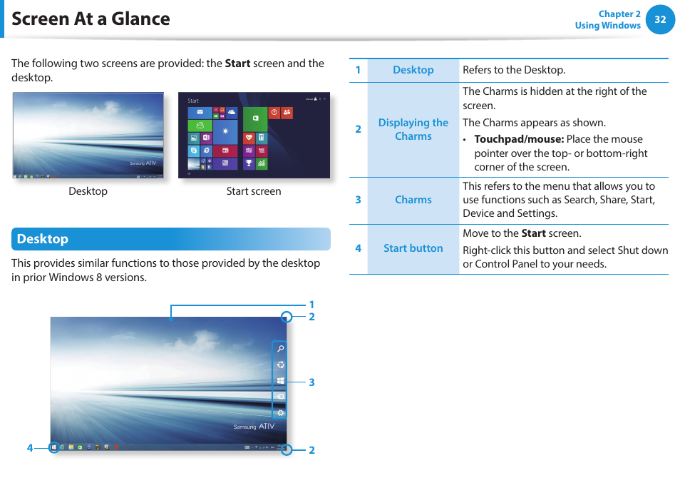 Screen at a glance, Desktop | Samsung NP270E5E-K03US User Manual | Page 33 / 133