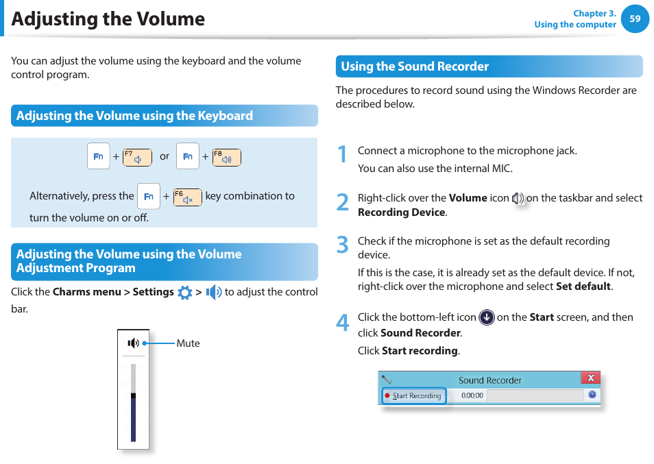 Adjusting the volume | Samsung NP270E5E-K03US User Manual | Page 60 / 133