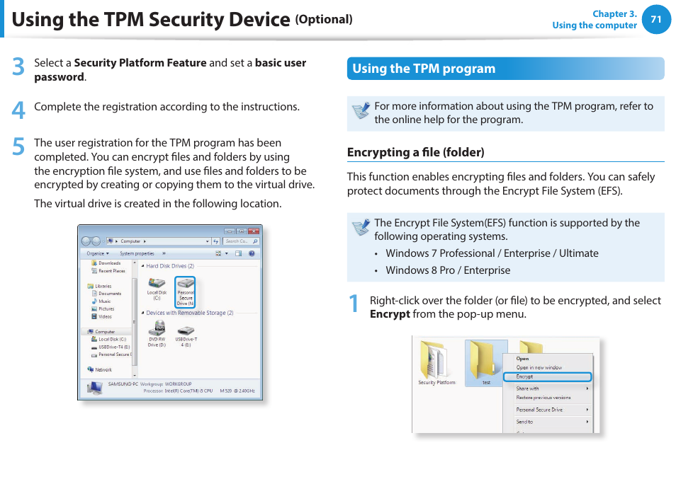 Using the tpm security device | Samsung NP270E5E-K03US User Manual | Page 72 / 133