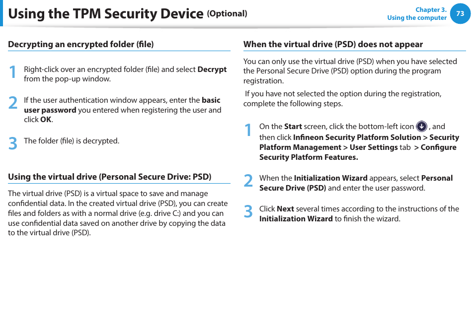 Using the tpm security device | Samsung NP270E5E-K03US User Manual | Page 74 / 133