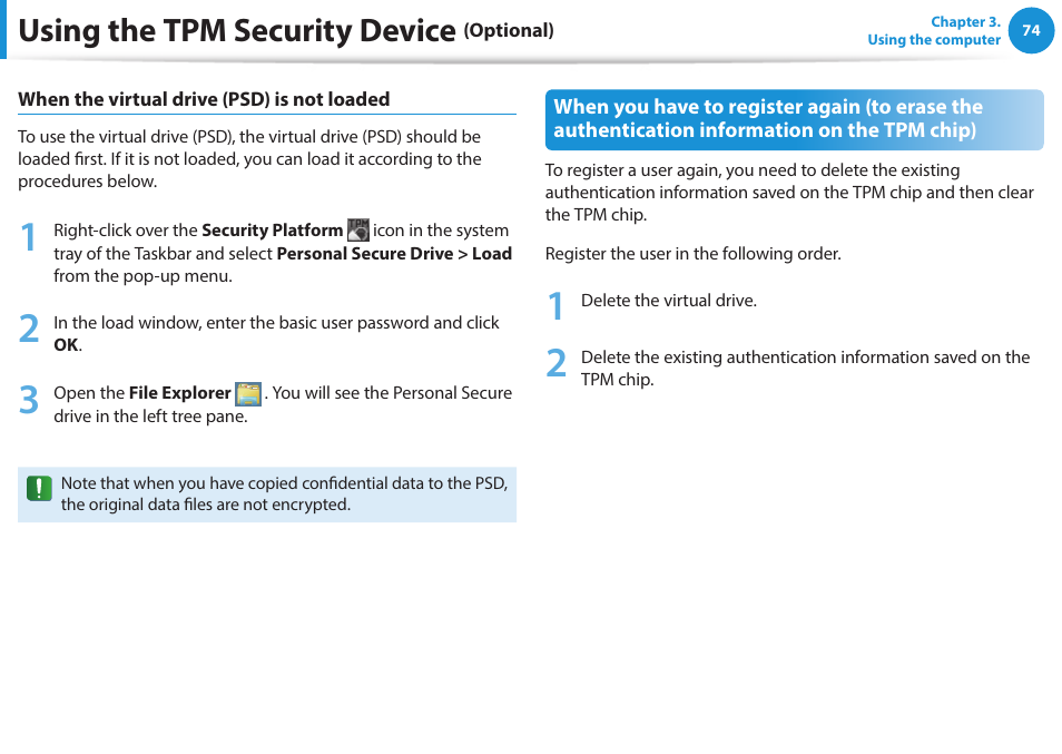 Using the tpm security device | Samsung NP270E5E-K03US User Manual | Page 75 / 133
