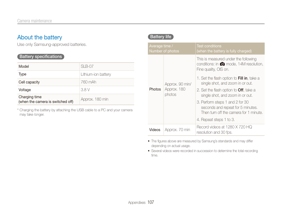 About the battery, About the battery ……………………………………… 107 | Samsung EC-ST600ZBPLUS User Manual | Page 108 / 122