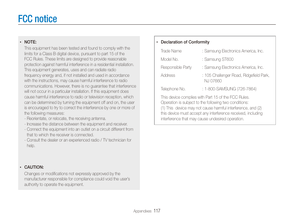 Fcc notice | Samsung EC-ST600ZBPLUS User Manual | Page 118 / 122
