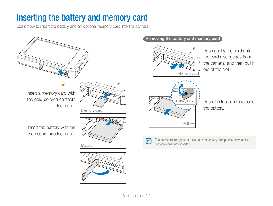 Inserting the battery and memory card | Samsung EC-ST600ZBPLUS User Manual | Page 18 / 122