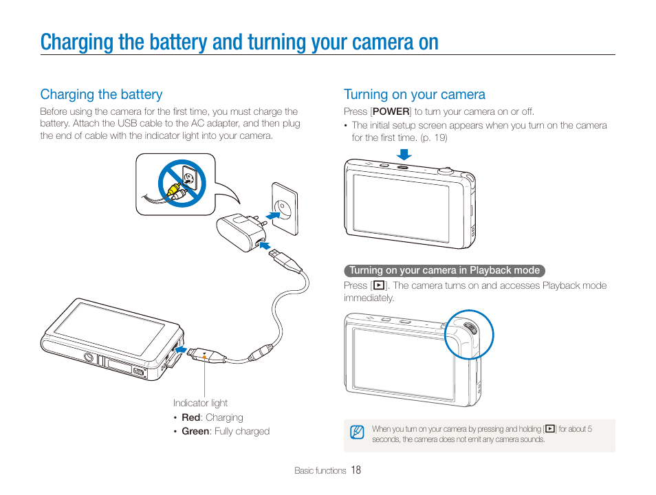 Charging the battery and turning your camera on, Charging the battery, Turning on your camera | Charging the battery and turning your, Camera on, Charging the battery ………………………… 18, Turning on your camera ……………………… 18 | Samsung EC-ST600ZBPLUS User Manual | Page 19 / 122