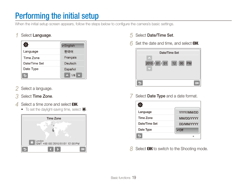 Performing the initial setup | Samsung EC-ST600ZBPLUS User Manual | Page 20 / 122