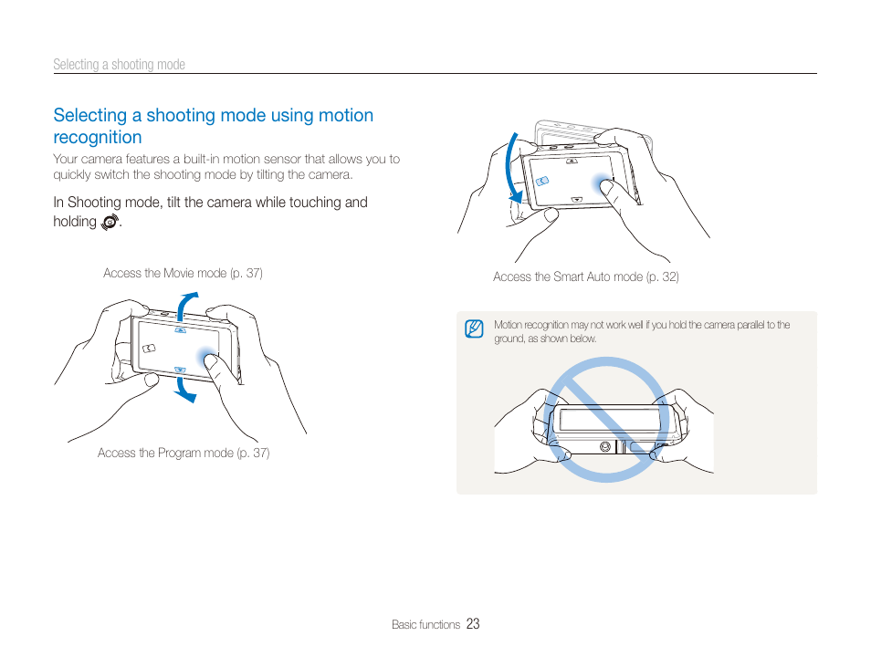 Selecting a shooting mode using motion recognition, Selecting a shooting mode using motion, Recognition …………………………………… 23 | Samsung EC-ST600ZBPLUS User Manual | Page 24 / 122