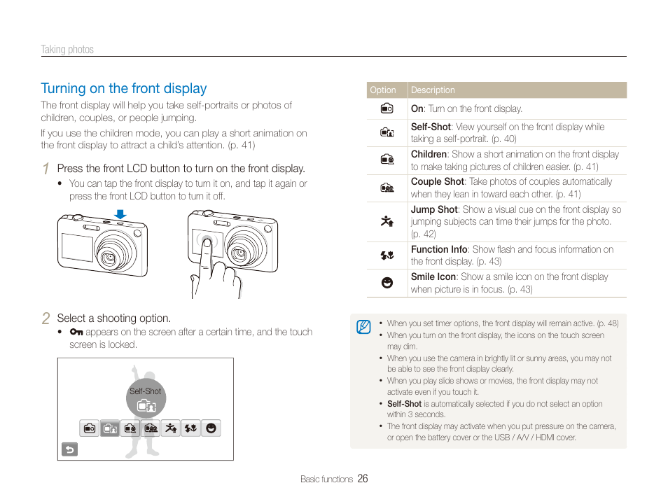 Turning on the front display, Turning on the front display ………………… 26 | Samsung EC-ST600ZBPLUS User Manual | Page 27 / 122