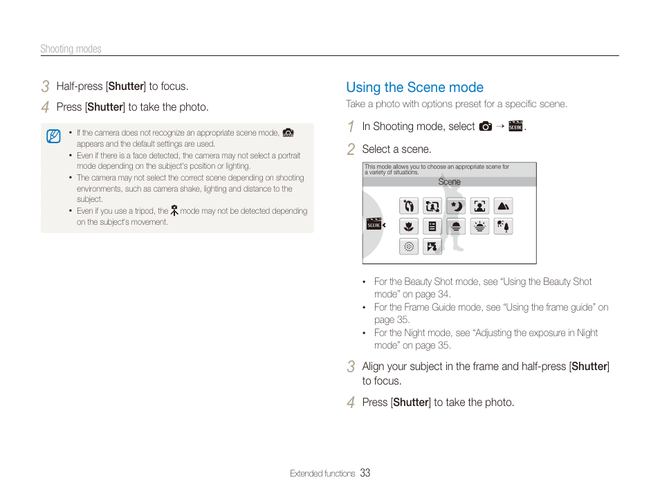 Using the scene mode, Mode. (p. 33) | Samsung EC-ST600ZBPLUS User Manual | Page 34 / 122