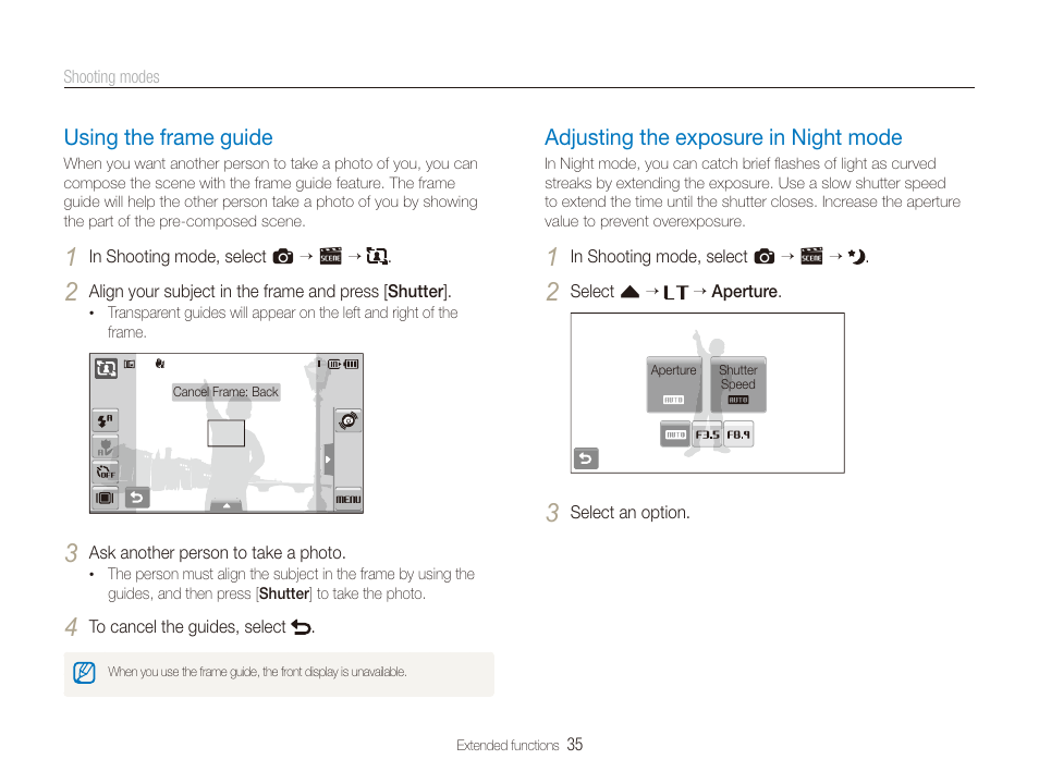 Using the frame guide, Adjusting the exposure in night mode, Mode. (p. 35) | Samsung EC-ST600ZBPLUS User Manual | Page 36 / 122