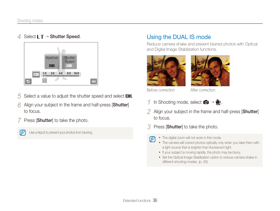 Using the dual is mode, Mode. (p. 36) | Samsung EC-ST600ZBPLUS User Manual | Page 37 / 122
