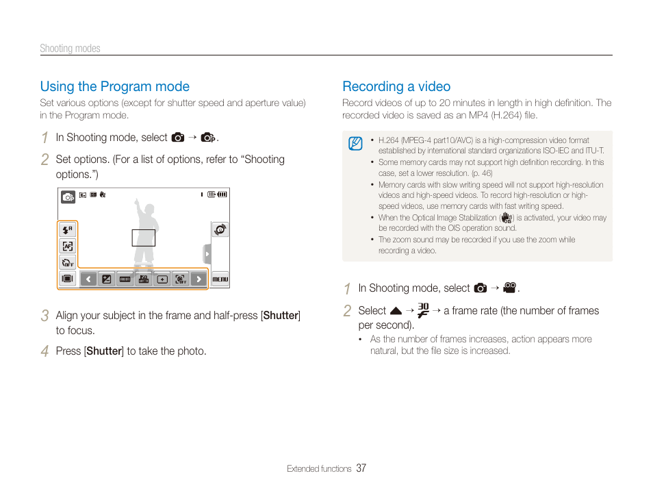 Using the program mode, Recording a video | Samsung EC-ST600ZBPLUS User Manual | Page 38 / 122