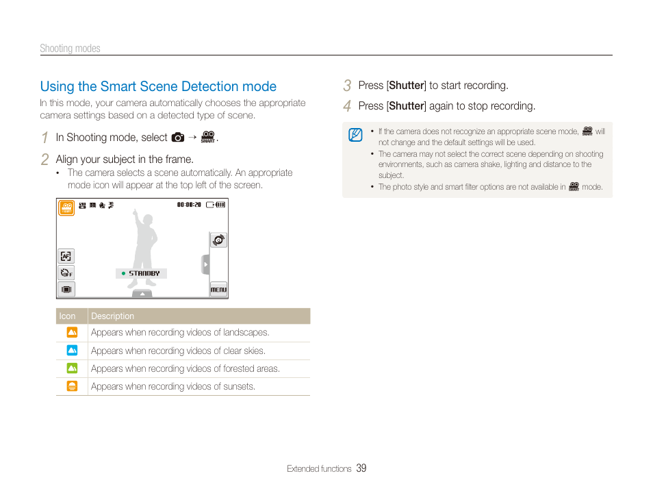 Using the smart scene detection mode | Samsung EC-ST600ZBPLUS User Manual | Page 40 / 122