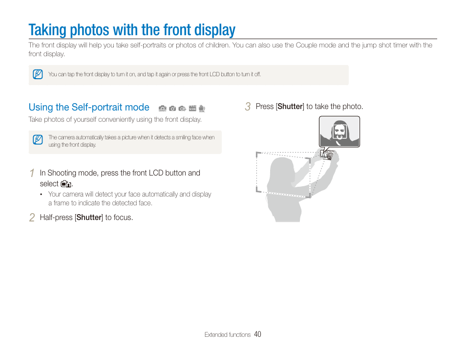 Taking photos with the front display, Using the self-portrait mode | Samsung EC-ST600ZBPLUS User Manual | Page 41 / 122