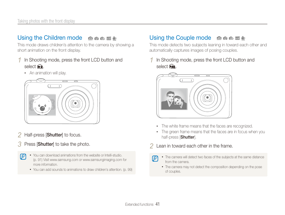Using the children mode, Using the couple mode | Samsung EC-ST600ZBPLUS User Manual | Page 42 / 122