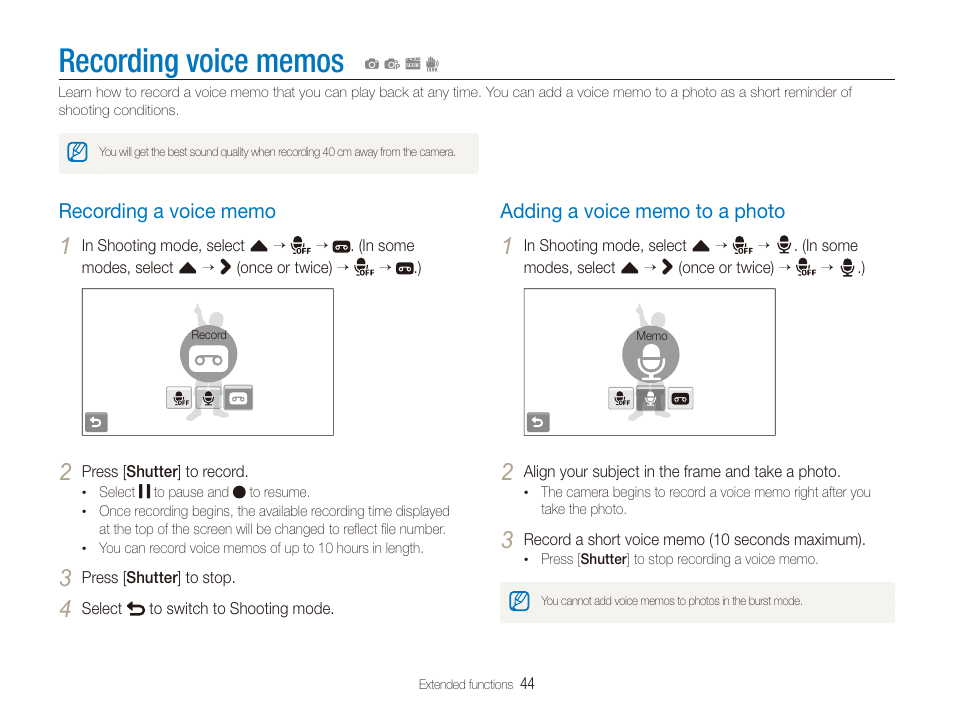 Recording voice memos, Recording a voice memo, Adding a voice memo to a photo | Samsung EC-ST600ZBPLUS User Manual | Page 45 / 122