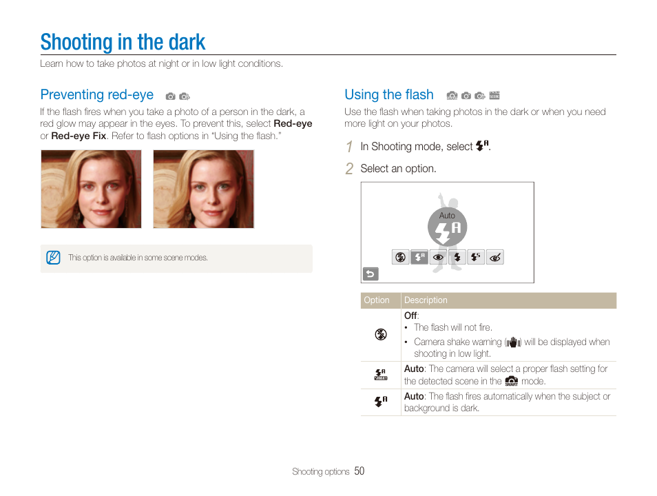 Shooting in the dark, Preventing red-eye, Using the flash | P. 50), Using the ﬂash, Preventing red-eye …………………………… 50, Using the ﬂash ……………………………… 50 | Samsung EC-ST600ZBPLUS User Manual | Page 51 / 122