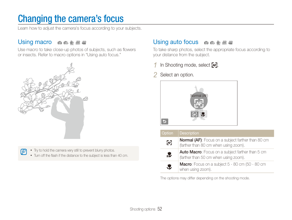 Changing the camera’s focus, Using macro, Using auto focus | Using macro ………………………………… 52, Using auto focus …………………………… 52 | Samsung EC-ST600ZBPLUS User Manual | Page 53 / 122