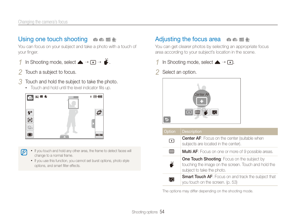 Using one touch shooting, Adjusting the focus area, Using one touch shooting …………………… 54 | Adjusting the focus area ……………………… 54 | Samsung EC-ST600ZBPLUS User Manual | Page 55 / 122
