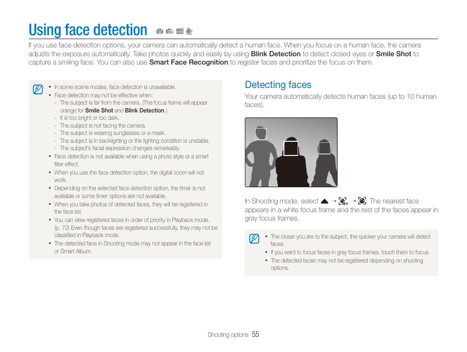 Using face detection, Detecting faces, Detecting faces ……………………………… 55 | Samsung EC-ST600ZBPLUS User Manual | Page 56 / 122