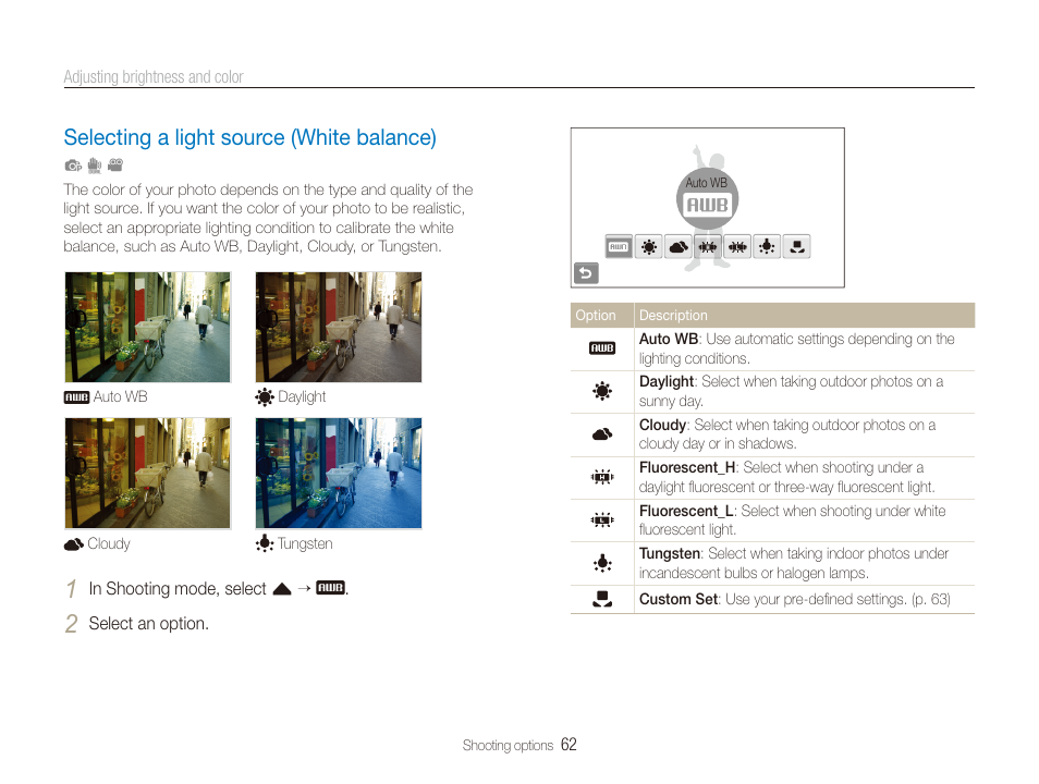 Selecting a light source (white balance), Selecting a light source (white balance) …… 62 | Samsung EC-ST600ZBPLUS User Manual | Page 63 / 122