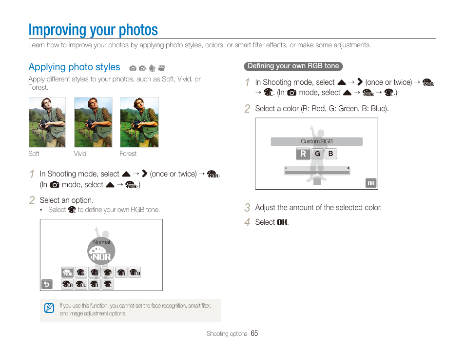 Improving your photos, Applying photo styles, Applying photo styles ………………………… 65 | Samsung EC-ST600ZBPLUS User Manual | Page 66 / 122