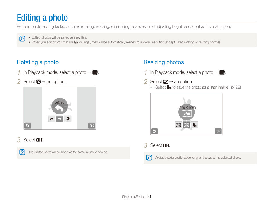 Editing a photo, Rotating a photo, Resizing photos | Rotating a photo …………………………… 81, Resizing photos ……………………………… 81 | Samsung EC-ST600ZBPLUS User Manual | Page 82 / 122