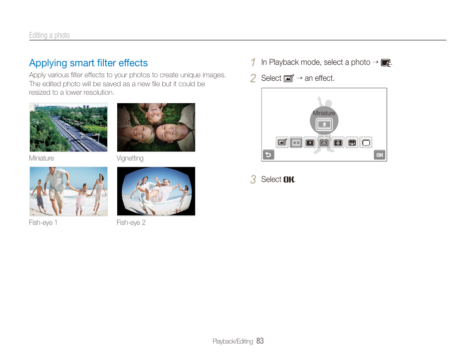 Applying smart filter effects, Applying smart ﬁlter effects, Applying smart ﬁlter effects ………………… 83 | Samsung EC-ST600ZBPLUS User Manual | Page 84 / 122
