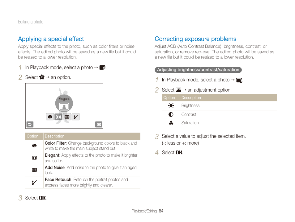 Applying a special effect, Correcting exposure problems, Applying a special effect ……………………… 84 | Correcting exposure problems ……………… 84 | Samsung EC-ST600ZBPLUS User Manual | Page 85 / 122