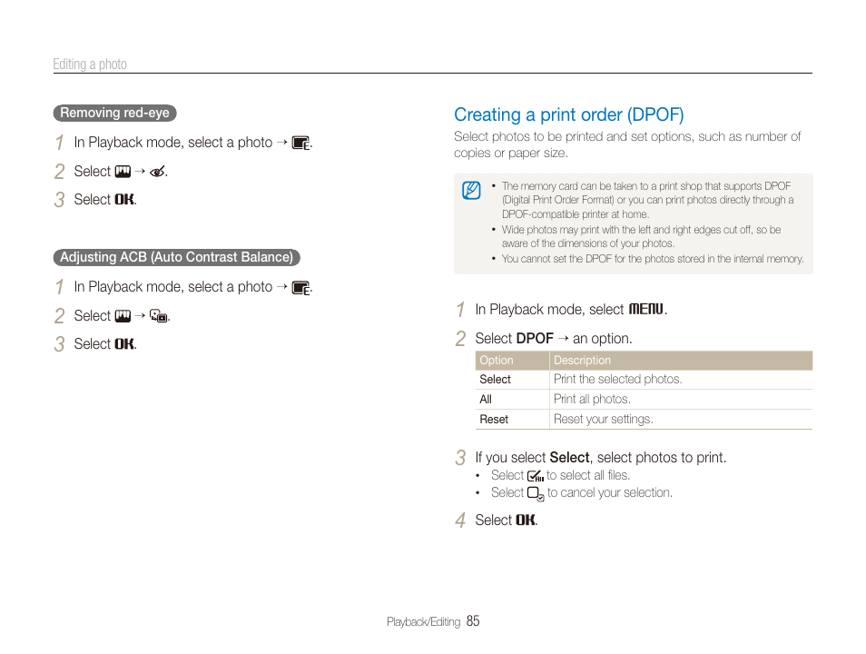 Creating a print order (dpof), In the edit menu. (p. 85), Creating a print order (dpof) ………………… 85 | Samsung EC-ST600ZBPLUS User Manual | Page 86 / 122