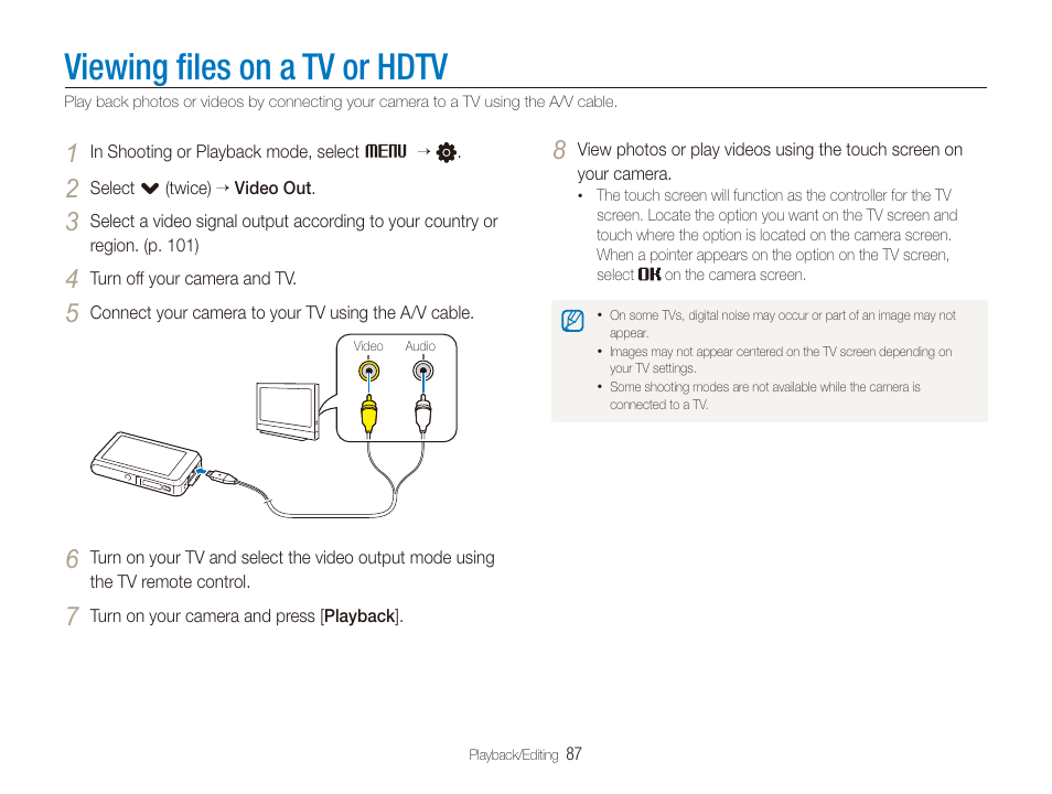 Viewing files on a tv or hdtv, Viewing ﬁles on a tv or hdtv | Samsung EC-ST600ZBPLUS User Manual | Page 88 / 122