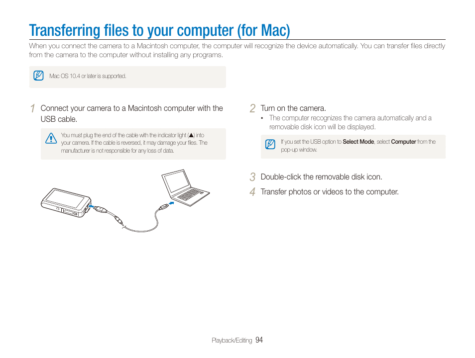 Transferring files to your computer (for mac), Transferring ﬁles to your computer (for mac), Transferring ﬁles to your computer | For mac) | Samsung EC-ST600ZBPLUS User Manual | Page 95 / 122