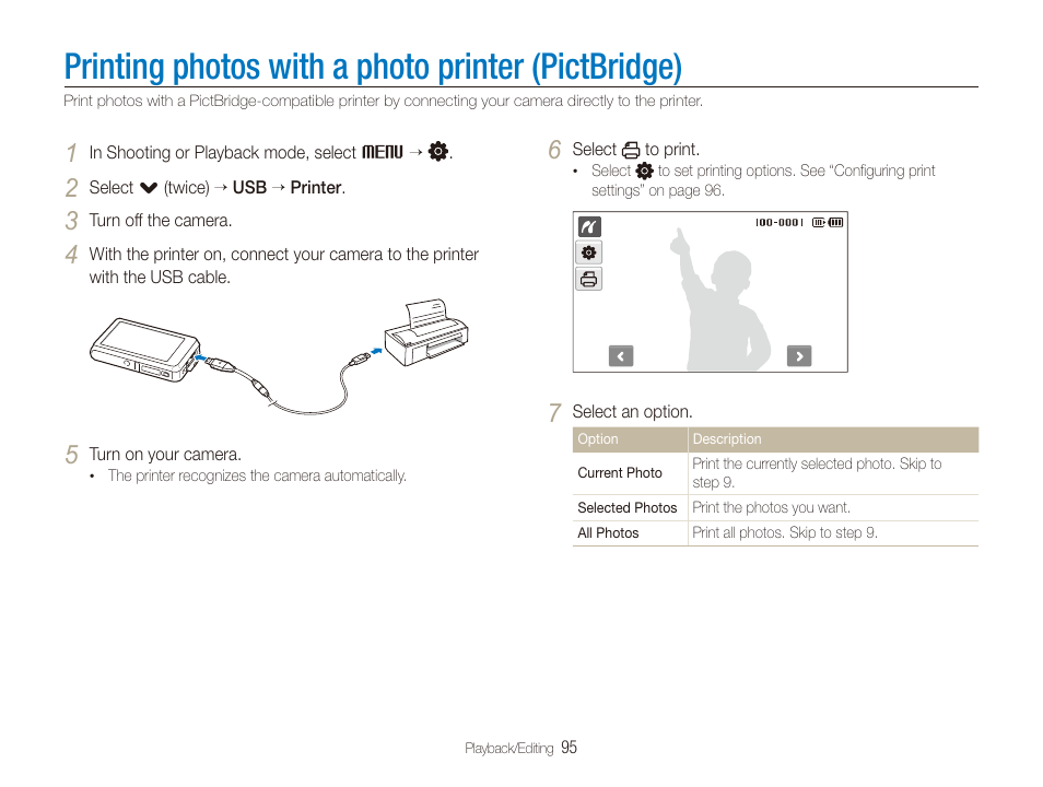 Printing photos with a photo printer (pictbridge), Printing photos with a photo printer, Pictbridge) | Samsung EC-ST600ZBPLUS User Manual | Page 96 / 122