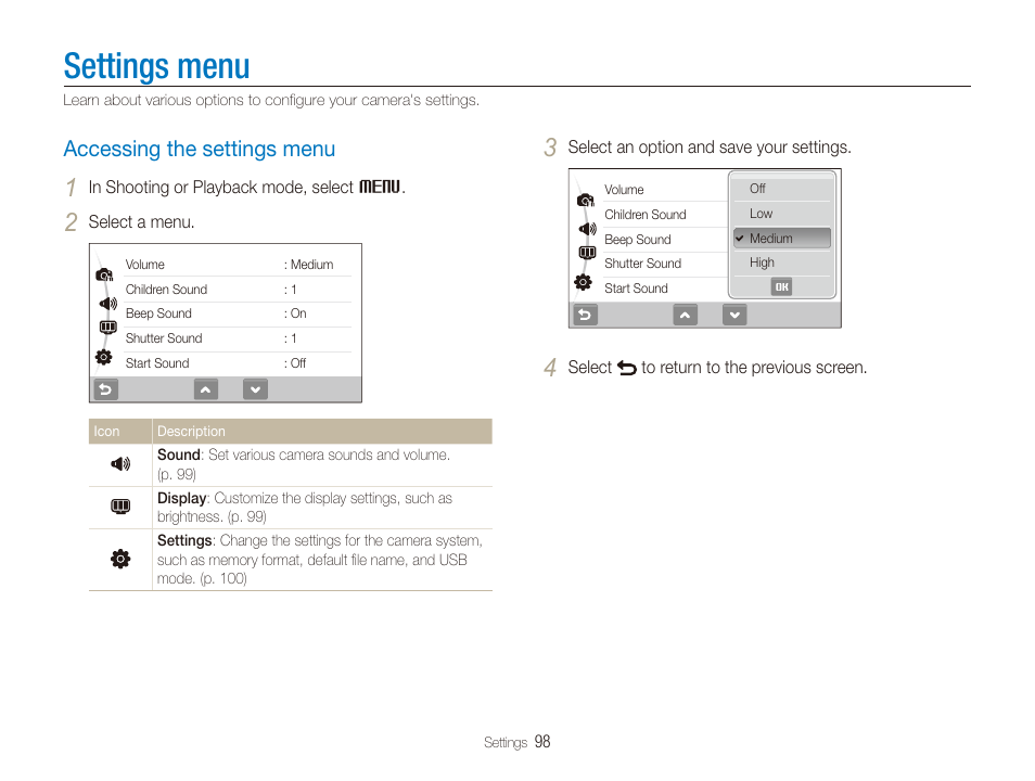 Settings menu, Accessing the settings menu | Samsung EC-ST600ZBPLUS User Manual | Page 99 / 122