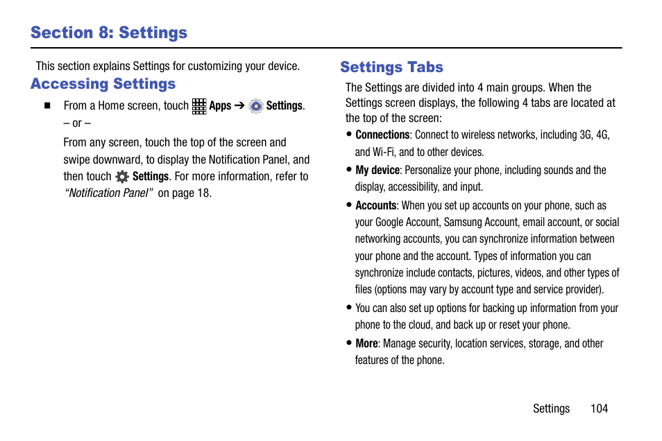 Section 8: settings, Accessing settings, Settings tabs | Accessing settings settings tabs | Samsung SCH-R890ZWAUSC User Manual | Page 109 / 194