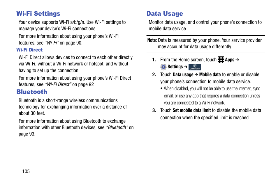 Wi-fi settings, Bluetooth, Data usage | Wi-fi settings bluetooth data usage | Samsung SCH-R890ZWAUSC User Manual | Page 110 / 194