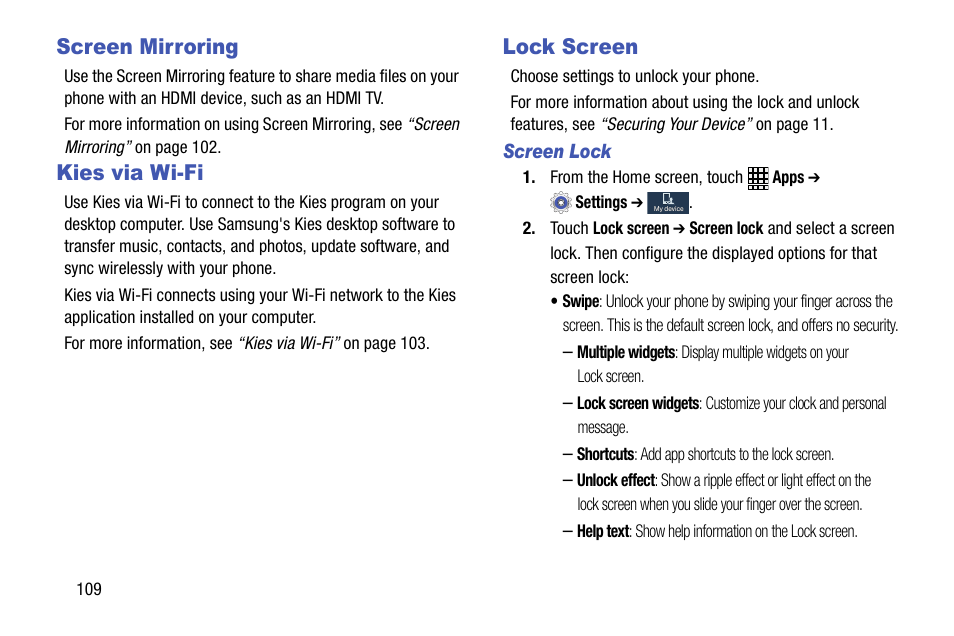 Screen mirroring, Kies via wi-fi, Lock screen | Screen mirroring kies via wi-fi lock screen | Samsung SCH-R890ZWAUSC User Manual | Page 114 / 194