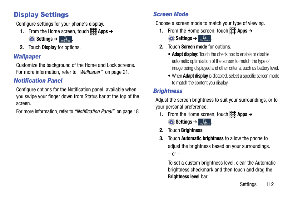Display settings | Samsung SCH-R890ZWAUSC User Manual | Page 117 / 194