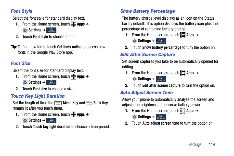 Font style, Font size, Touch key light duration | Show battery percentage, Edit after screen capture, Auto adjust screen tone | Samsung SCH-R890ZWAUSC User Manual | Page 119 / 194