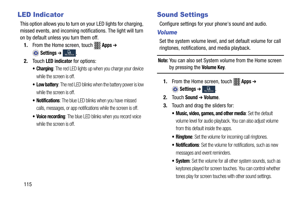 Led indicator, Sound settings, Led indicator sound settings | Samsung SCH-R890ZWAUSC User Manual | Page 120 / 194